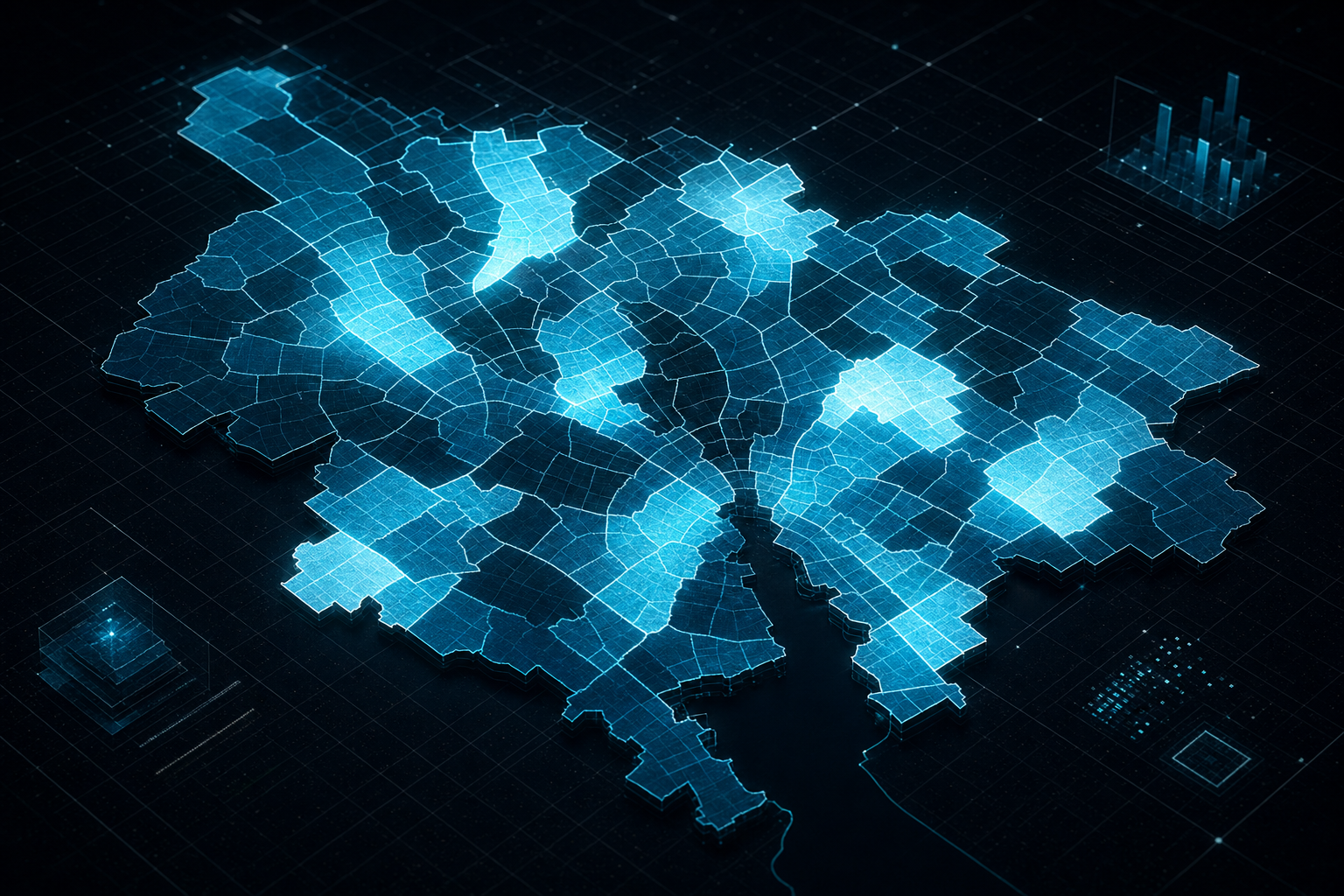 LocalSignal ZIP-level performance map showing lit polygons of high-performing ZIPs against a dark backdrop.